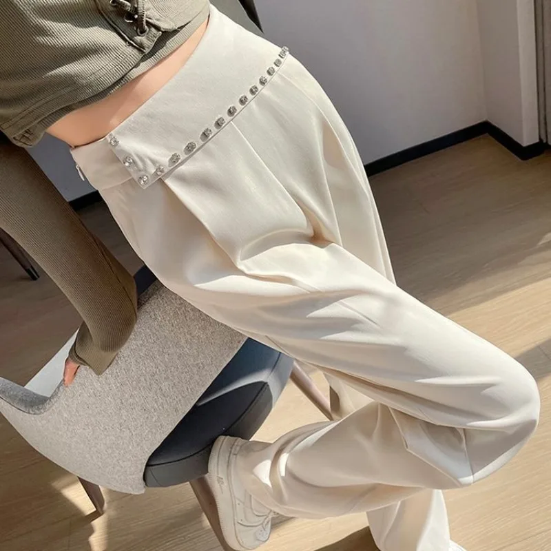 Women's Solid Color Patchwork Wide Legs 2023 Spring and Autumn New Commute Beading High Waist Zipper Straight Floor Length Pants