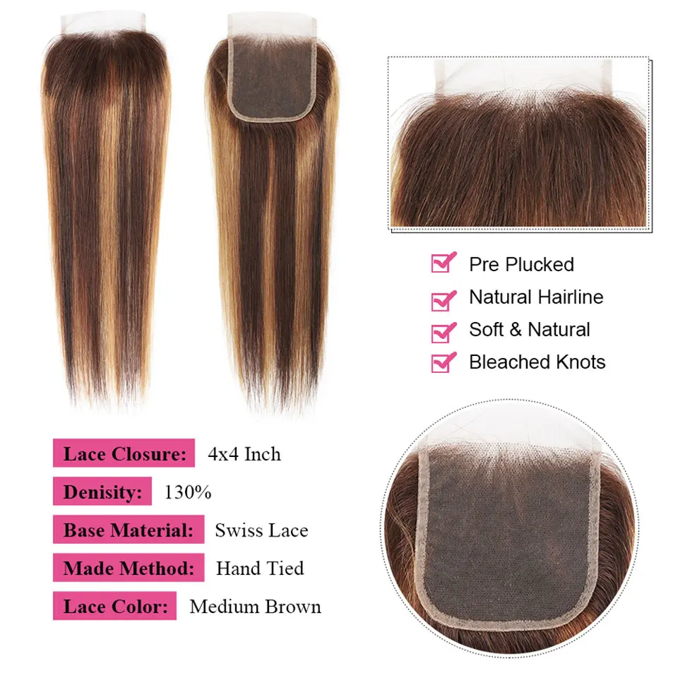 Miss Rola Hair Brazilian Straight Hair Lace Closure 100% Human 4x4 Lace Closures Remy Blonde 99J Highlight Brown Red