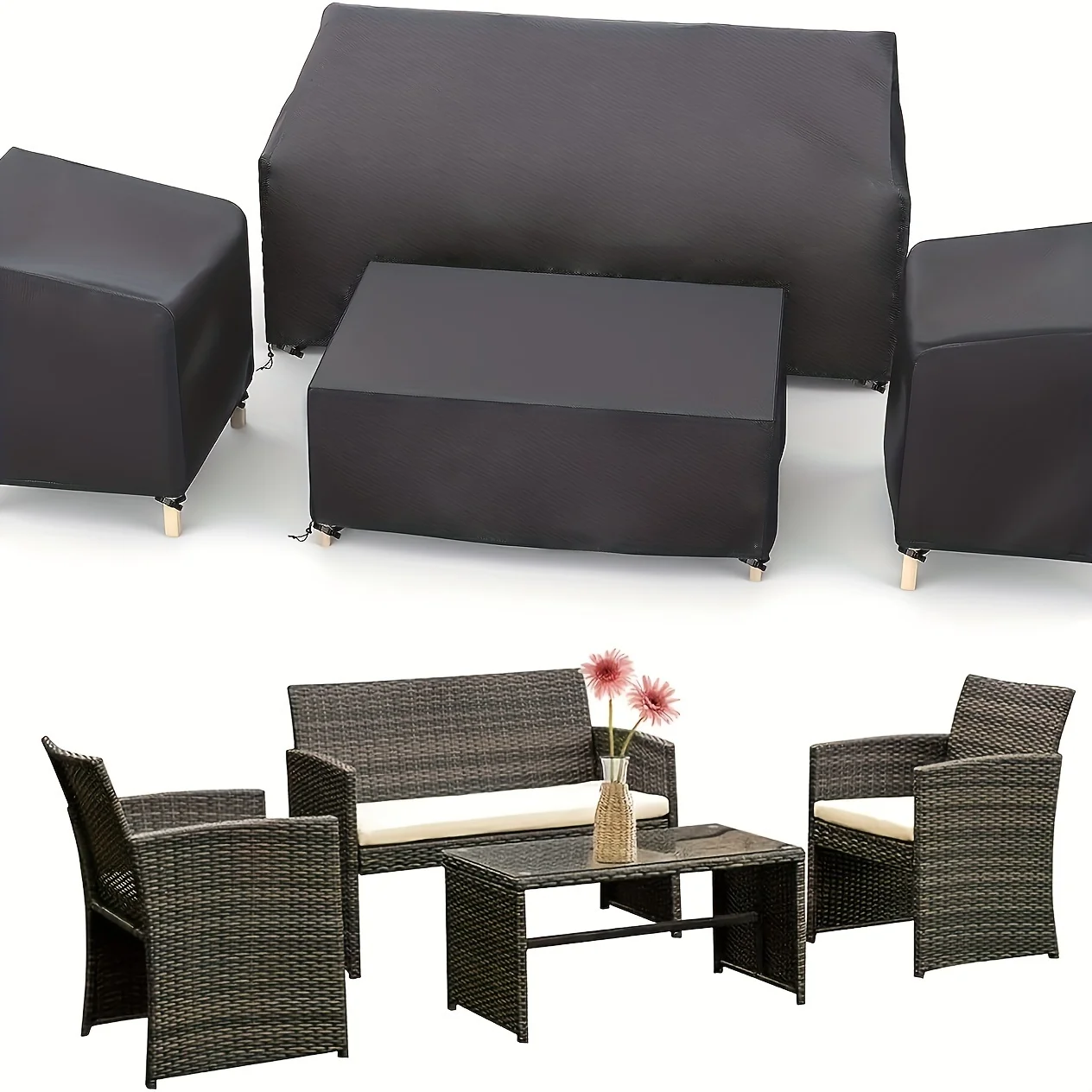 420D Outdoor Furniture Cover Waterproof, 4-Piece Patio Furniture Covers for 4 PCS Patio Outdoor Conversation Set, Included: Ourd 3