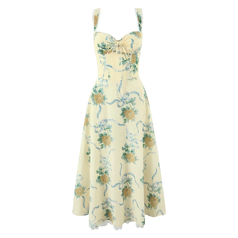 Sexy Spaghetti Straps Floral Print A-line Midi Dresses Women Fashion  Fishbone Waist Slim Summer Elegant Dress Cotton Robe - AliExpress 200000345