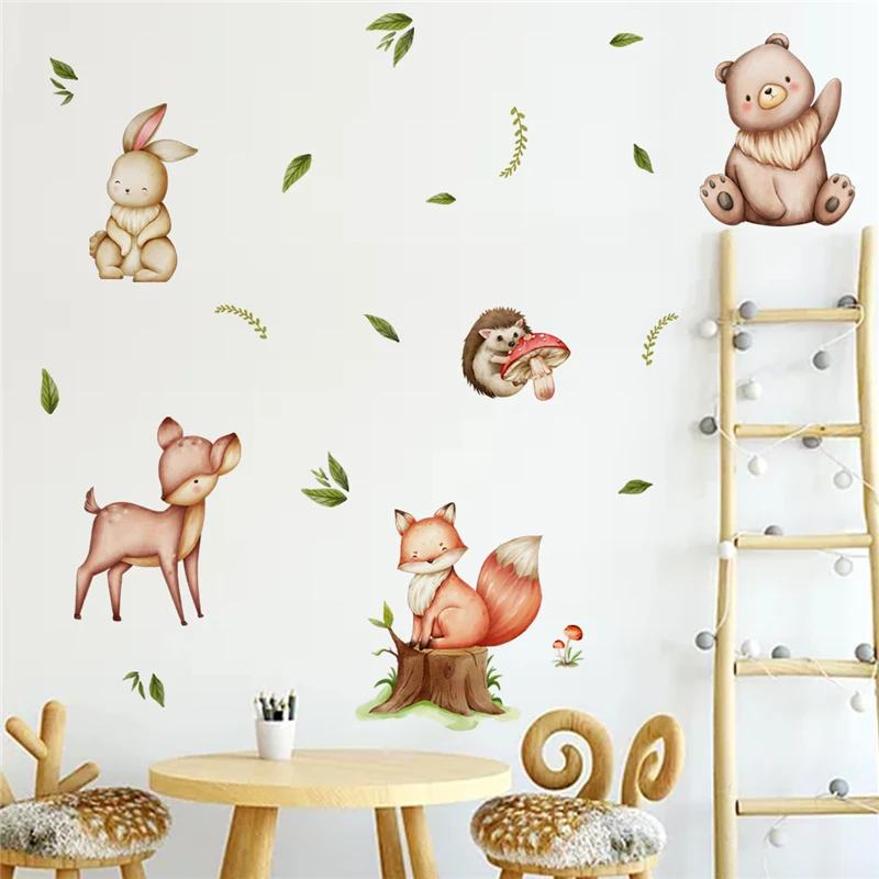 Cartoon Woodland Animals Deer Rabbit Leaf Wall Stickers for Kids Room