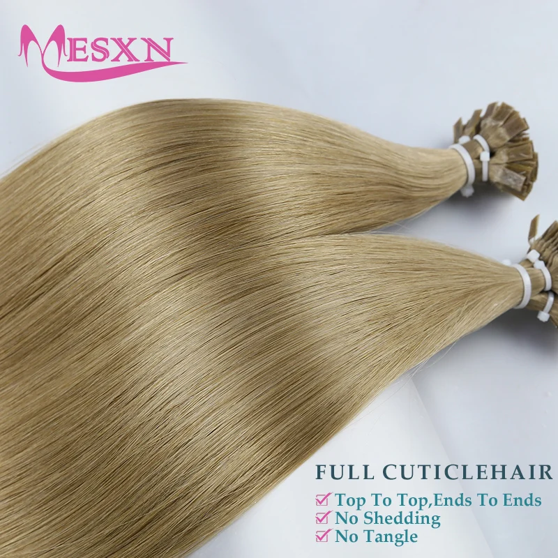 MESXN 스트레이트 플랫 팁 헤어 익스텐션, 자연스러운 실제 인모 익스텐션, 다크 브라운 금발 색상, 16-24 인치/가닥 1g