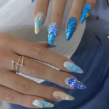 Women Blue Ocean Gradient Press On Nails Starfish Shell Decor Long Nail Art Summer Beach Party Gift 1