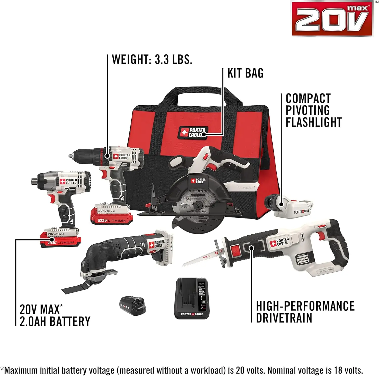 PORTER-CABLE PCCK617L6 20V MAX* Lithium Ion 6-Tool Combo Kit with Free USB Device 3