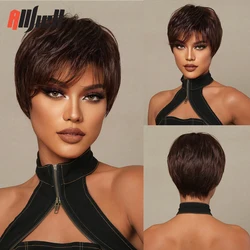 Short Dark Brown Pixie Cut Wigs for Women Blend Human Hair African Wigs With Bangs Natural Synthetic Wigs With 30% Human Hair