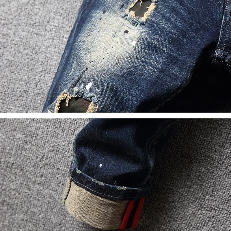 Street Fashion Men Jeans Retro Black Blue Elastic Slim Fit Painted Hole Ripped Jeans Men Patched Designer Hip Hop Pants Hombre