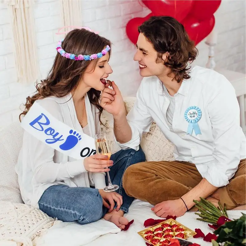 Gender Reveal Sash 5pcs Boy or Girl Baby Shower Party Decoration Mommy To Be-Dadddy-To Be Badge Tinplate Badge Pin Sash Kit