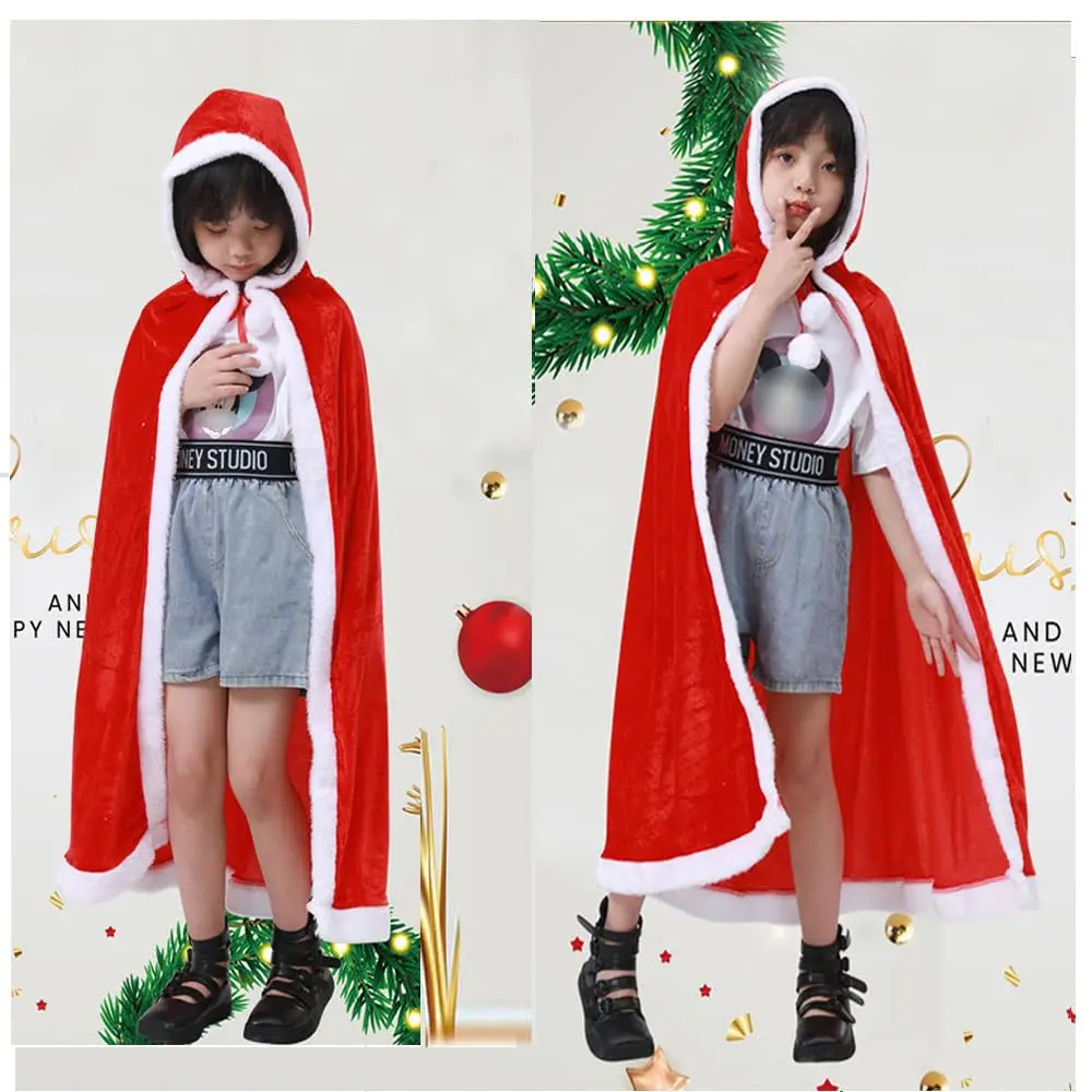 Christmas Santa Claus Cloak Mrs. Claus Hooded Cape Robe Xmas Velvet Shawl for Women Cindy Cosplay Halloween