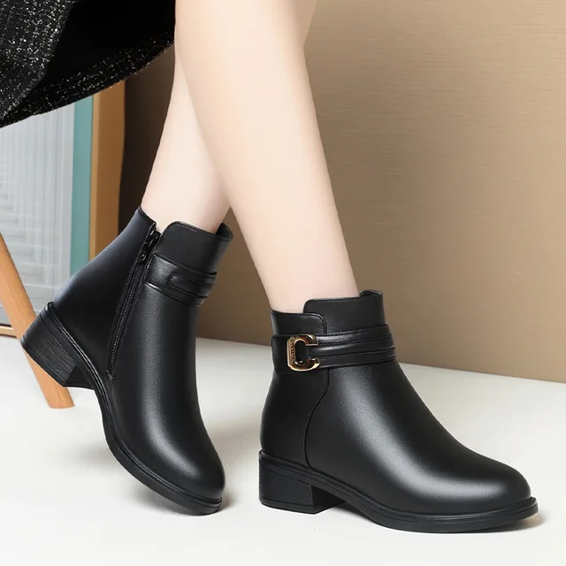 Anti-slip Soft bottom Keep WarmWomen Leather Pu Ankle Waterproof Rubber Walking Shoes Girls Fashion Ladies Winter Short Boots