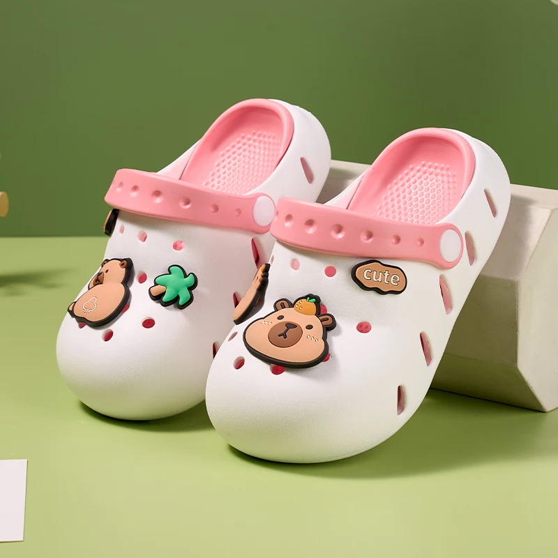 여아 남아 여름용 카피바라 샌들, 편안한 비치 논슬립 키즈 슈즈, 앞코가 막힌 아동용 클로그, 귀여운 프린팅, 6-12세