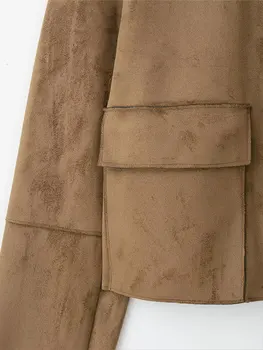 سترة خريف HH للنساء معطف كلاسيكي من جلد الغزال الصلب بأكمام طويلة وياقة مقلوبة سترات قصيرة موضة ملابس خارجية عالية الشارع 6