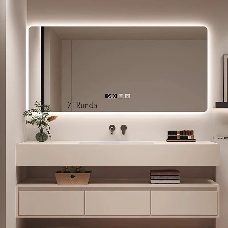 Nordic Cream Style Rock Plate Bathroom Cabinets Wall-mounted Storage Smart Mirror Cabinets with Lamp Furniture Arredo Bagno FYBC