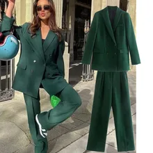 

Jenny&Dave Ins Blogger Fashion Jacket High Waist Straight Casual Suits pants 2 Pieces Sets Retro Double Breasted Blazer Women