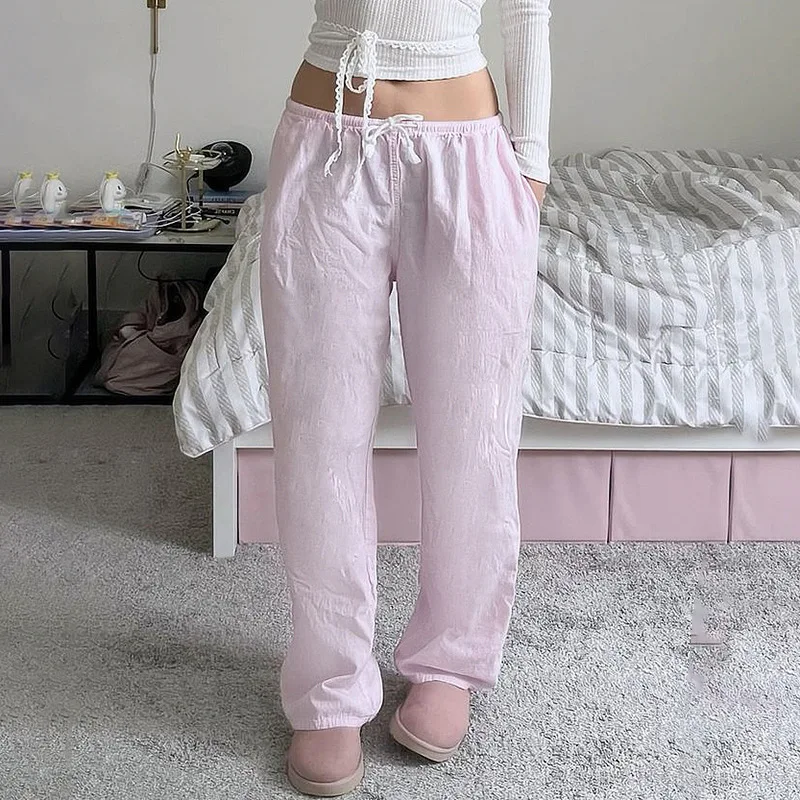 Street Style Pink Simple Basic Woven Pants Low Waist Drawstring Loose Straight Leg Casual Pants