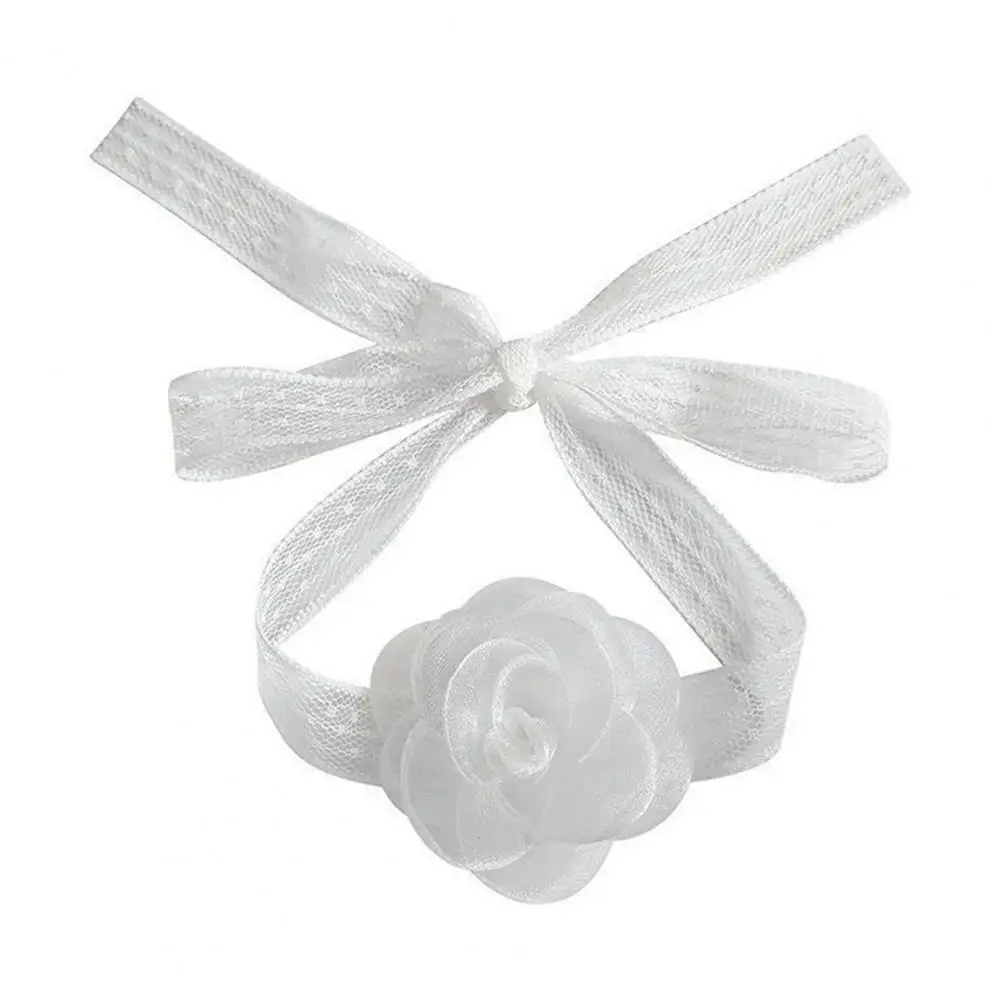

White Ribbon Headband Elegant Lace Trim Wedding Headband with Adjustable Ribbon White Rose Flower Design for Brides Bridesmaids
