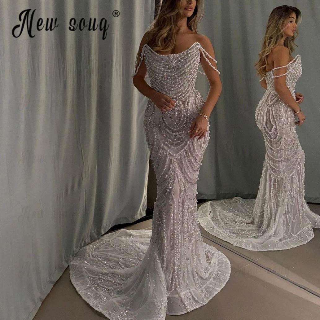 

Chic Full Ivory Pearls Long Party Dress for Women Wedding Dubai Mermaid Bridal Gowns Formal Prom Dresses Robe Soirée Female