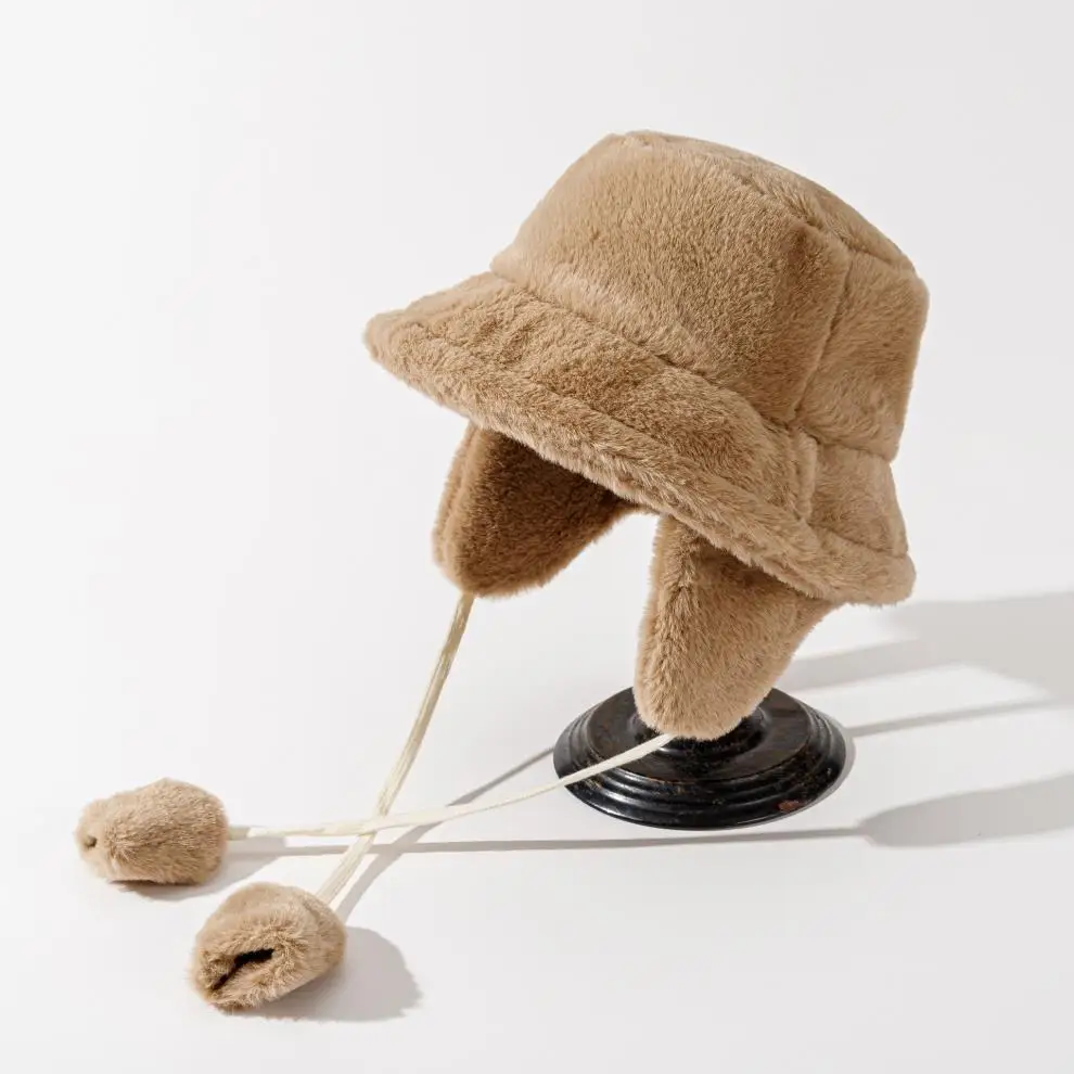 Bomber Warm Bucket Hats for Women Golf Hiking Fur Winter Hat Barrel Cotton Fabric Ear Protection Cap_voghion.com