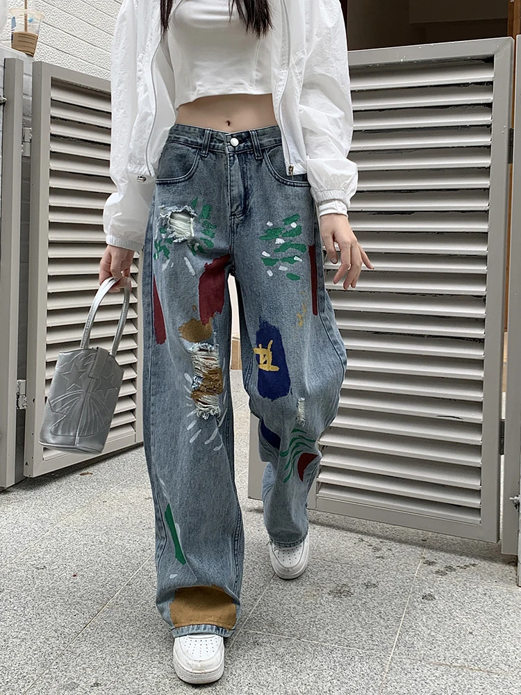 Vintage Graffiti Ripped Jeans Women's High Waist Slim Straight Wide Leg Pants Jeans Female Harajuku Loose Casual Denim Trousers