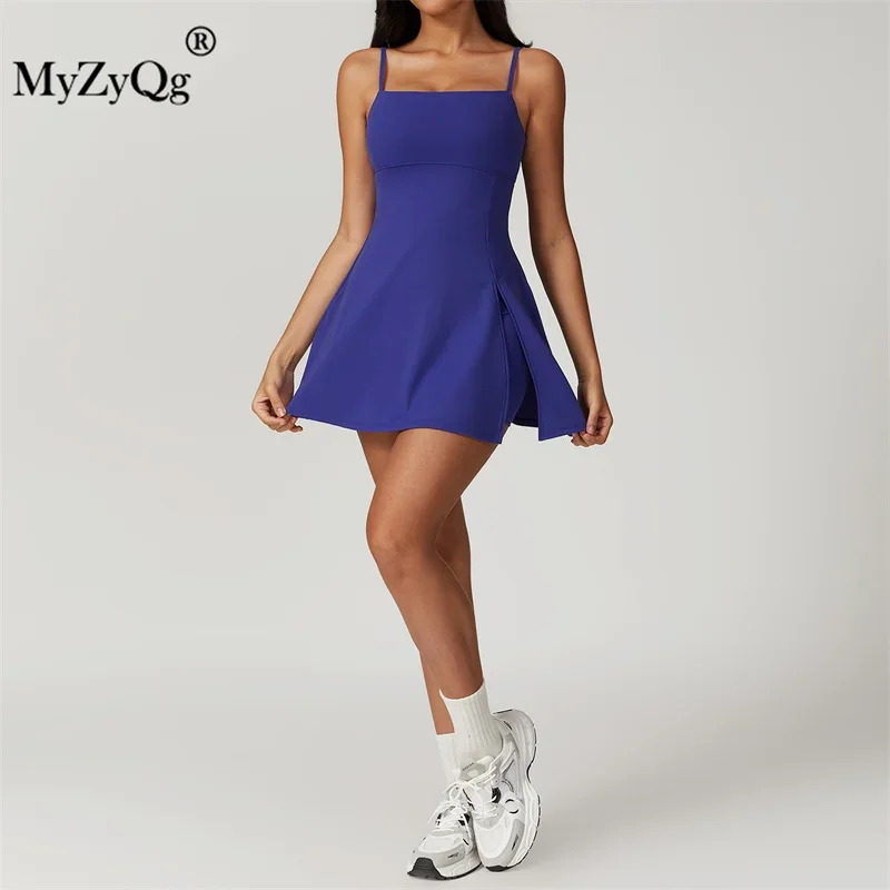 MyZyQg Women Nude Golf Tennis Dress with Bra Pads Anti-slip Bottoming Outdoor Running Fitness Tennis Skirt