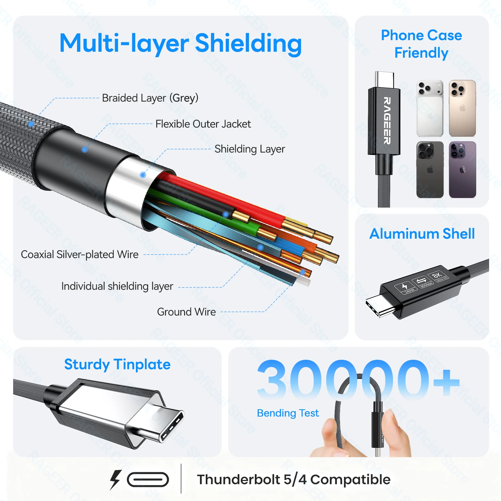 레이지어 썬더볼트 5 케이블 80Gbps 타입 C USB4 V2 E-마커 칩 16K/8K 비디오 지원 PD240W 디스플레이포트 2.1 나일론 편조 케이블 (맥용)