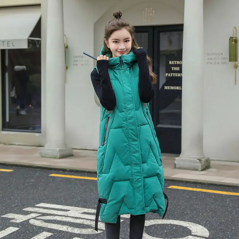 

Elegant Slim Vest Coats Women Casual Thicken Warm Hooded Waistcoat Winter Sleeveless Zipper Jacket Woman Long Outwear 2023 H79