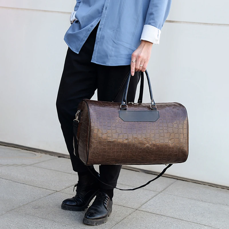 Fitness Gym Bag Python Pattern Travel Tote Handbag Casual PU Leather Male Luggage Duffle Shoulder Sports Business Bag For Men 6