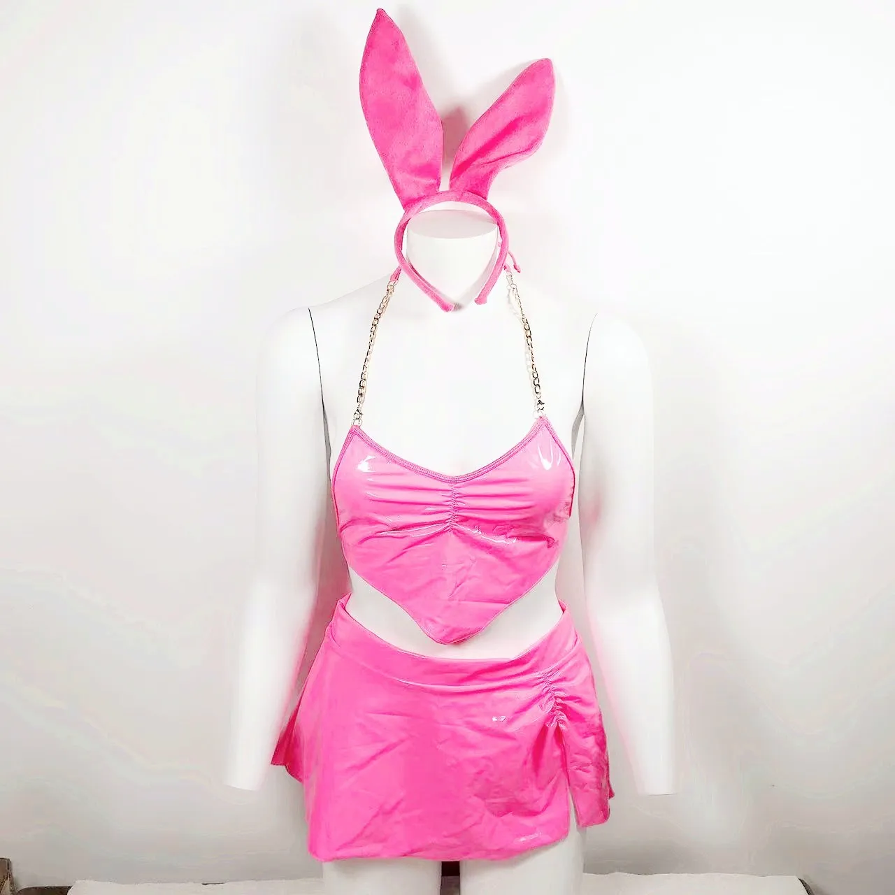Women Lingerie 3-Piece Bunny Outfit Ellolace Latex Neon Pink Underwear women lingerie