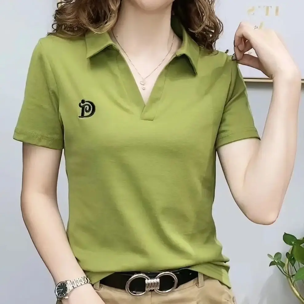 Polo T Shirt for Women Short Sleeve New Summer V-neck Letter Pullover Knitted Tees Female Clothing Plus Size Ladies Tops