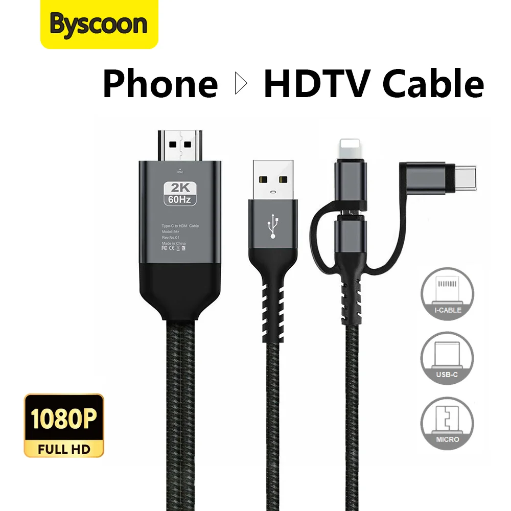 3 in 1 USB Type C Phone to TV HDTV Adapter HDMI Cable with Charging For iPhone iPad IOS Android Micro 1080P