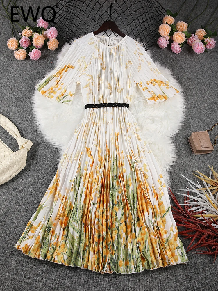 

EWQ Summer Pleated Print Dress For Women Fashion Round Neck Short Sleeves Belt Gathered Waist Long Dresses 2024 New 32C927