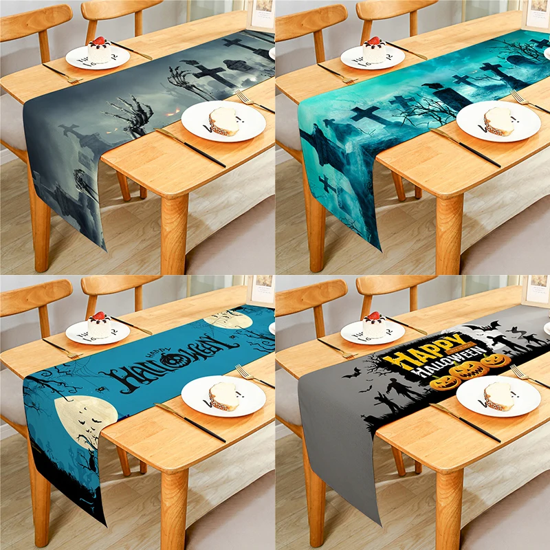 

Halloween Graveyard Pumpkin Spider Bat Pattern Linen Table Runner Cloth Cover Anti-Slip Stain For Dinner Festival Party Decor