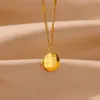 Plaid Texture Round Button Necklace for Women Gold Color Stainless Steel Chain Necklaces Fashion Wedding Party Jewelry Gift