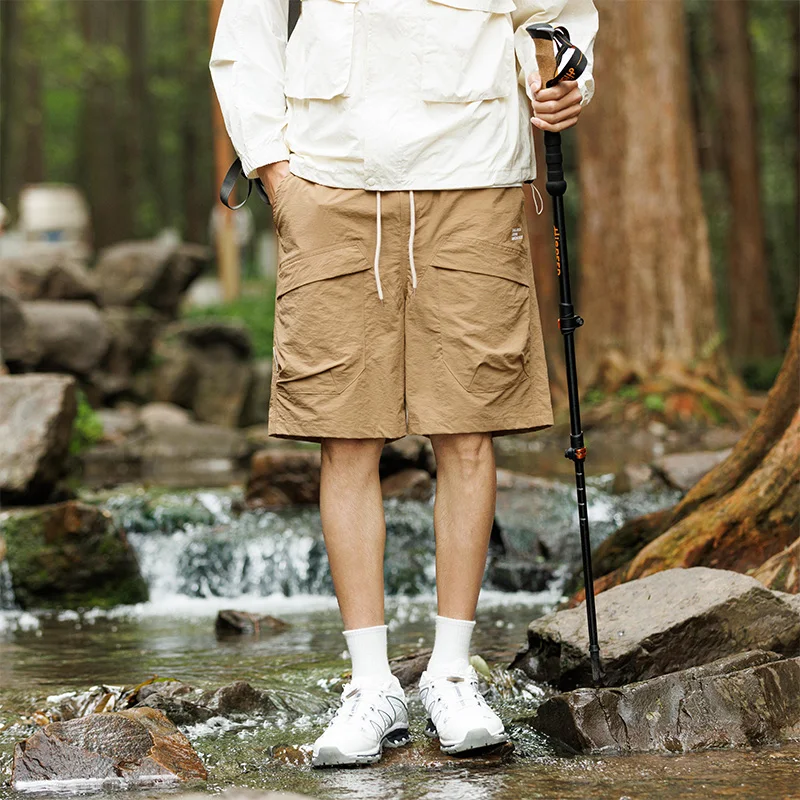 Summer Men's Clothing Bandage Solid Color Elastic High Waist Pockets Casual Loose Straight Knee Pants Preppy Style Shorts 2
