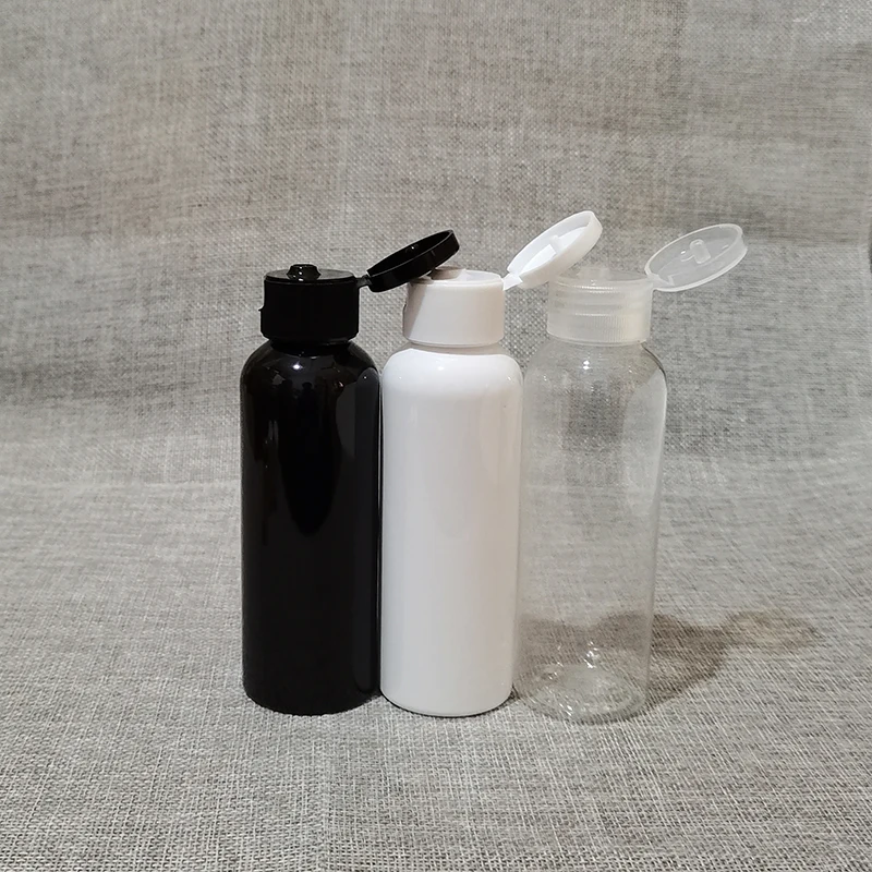 

R24 410 100ml Black Plastic Empty Refillable Bottle Cosmetic Packaging PET Flap Cover Cap Bottle 3.5OZ Travel Shampoo Container