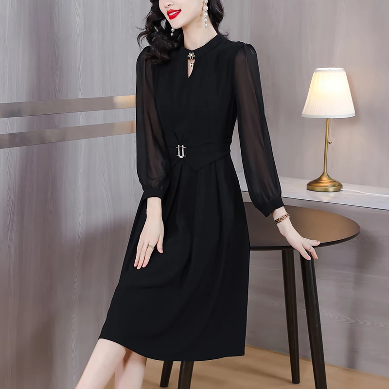 

2023 New Temperament Fashion French Dress Women's Autumn Vintage Round Neck Long Sleeve Loose Fit Holiday Party Vestidos