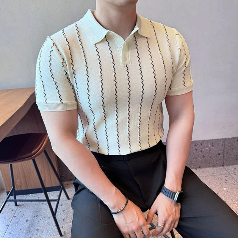2025 Spring Summer New Casual Mens Polo Shirt Vintage Striped Crochet Buttoned Polo Neck Knit Tops Men Fashion Slim Fit Polos 11 Sbcb8de372949408cb6df9dc610d9cf5cO