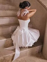 Customized Pleated Satin Short Wedding Dresses Sleeveless Strapless Mini Bridal Gowns With Detachable Bow A Line Cocktail Gowns 2