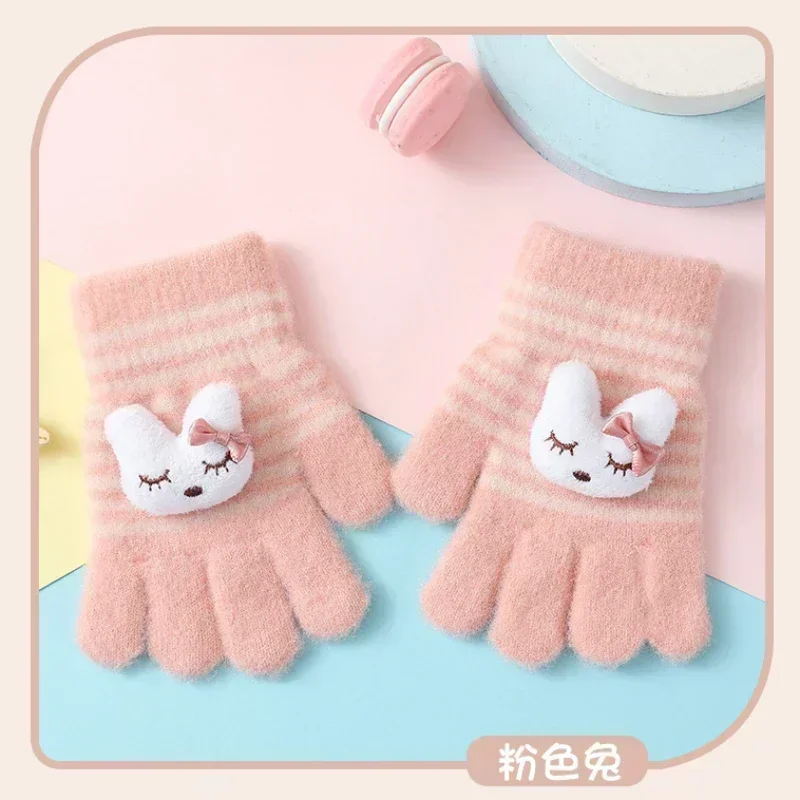 1Pairs Cute Cartoon Rabbit Bear Winter Warm Kids Gloves Kindergarten Boys Girls Five Finger Knitted Gloves for 3 To 6 Years 3