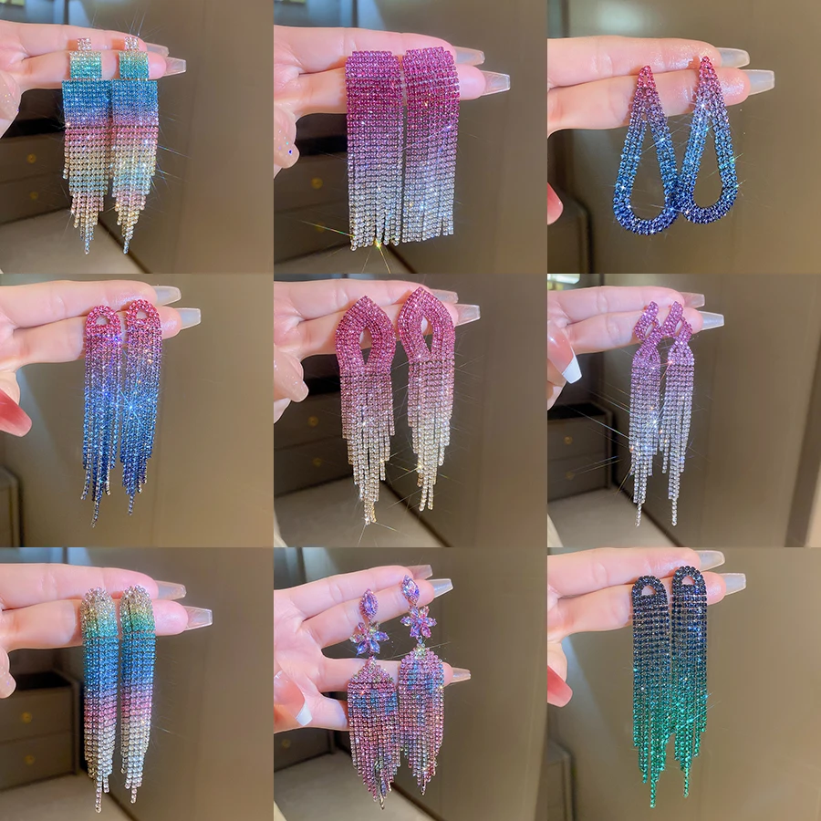 Orecchini Lunghi A Cuore Con Frange Di Strass – Cristallo Argento – Gioielli Boho Per Donna E Ragazza - 3