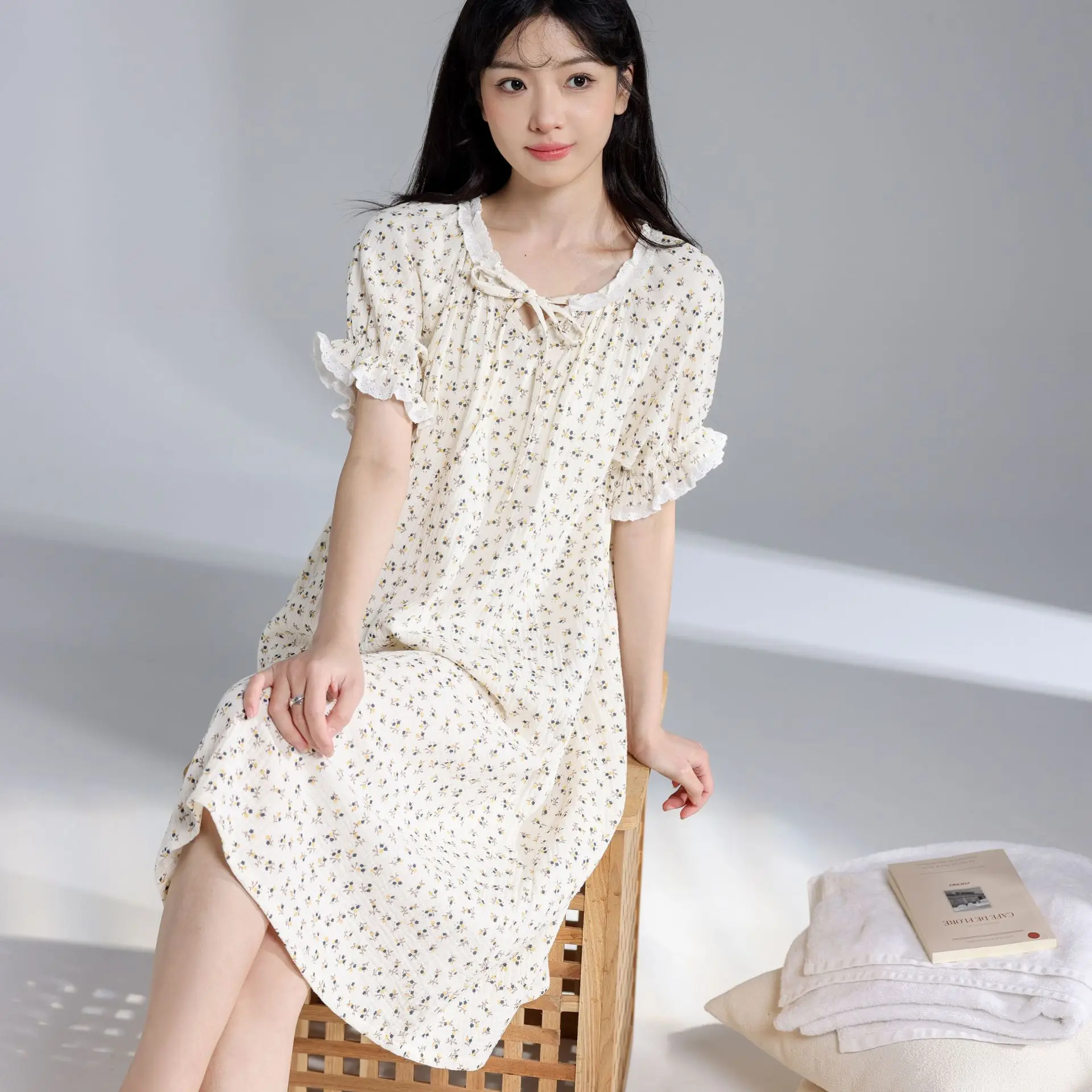 

Pure Cotton Pajamas, Women's New Summer Sweet Floral Home Wear, Short Sleeved Shorts Set, Fresh Girl Dress, Thin Round Neck