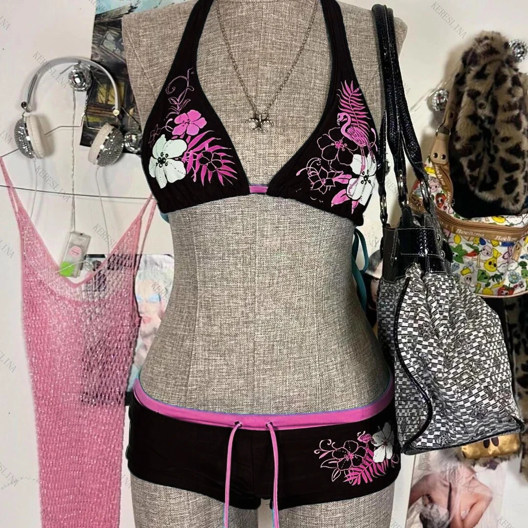 Y2K Vintage Floral Bikini Set - Sexy Halter Swimwear for Women