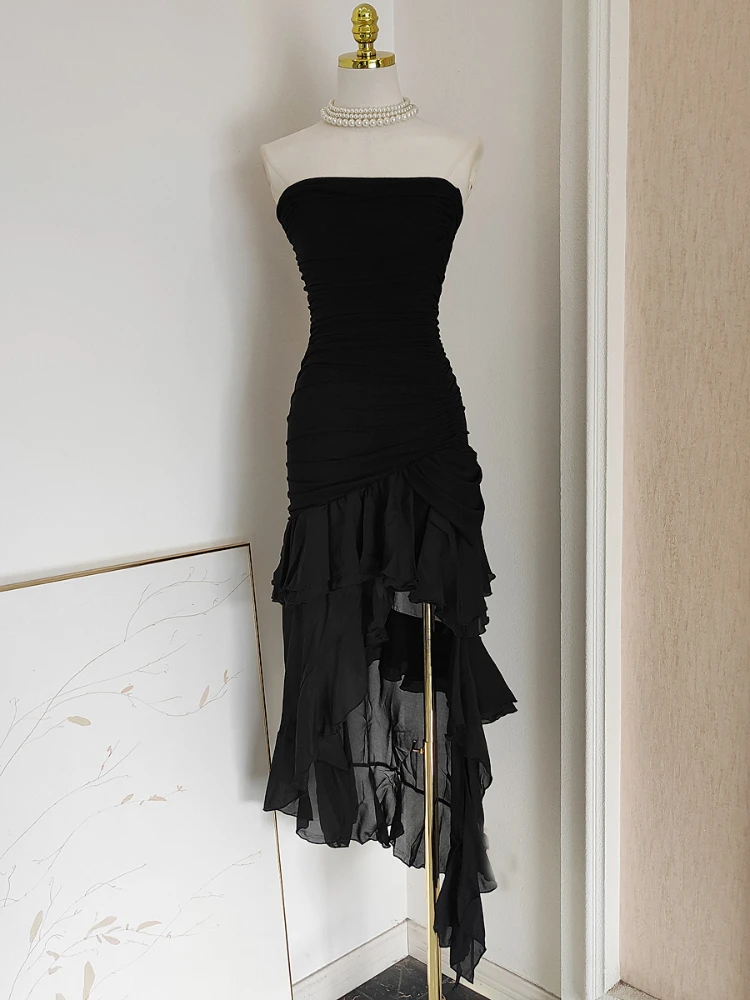 

Асимметричное Платье-макси с оборками, французское нишевое дизайнерское Сетчатое асимметричное приталенное платье спереди, Новинка лета 2024, женская одежда