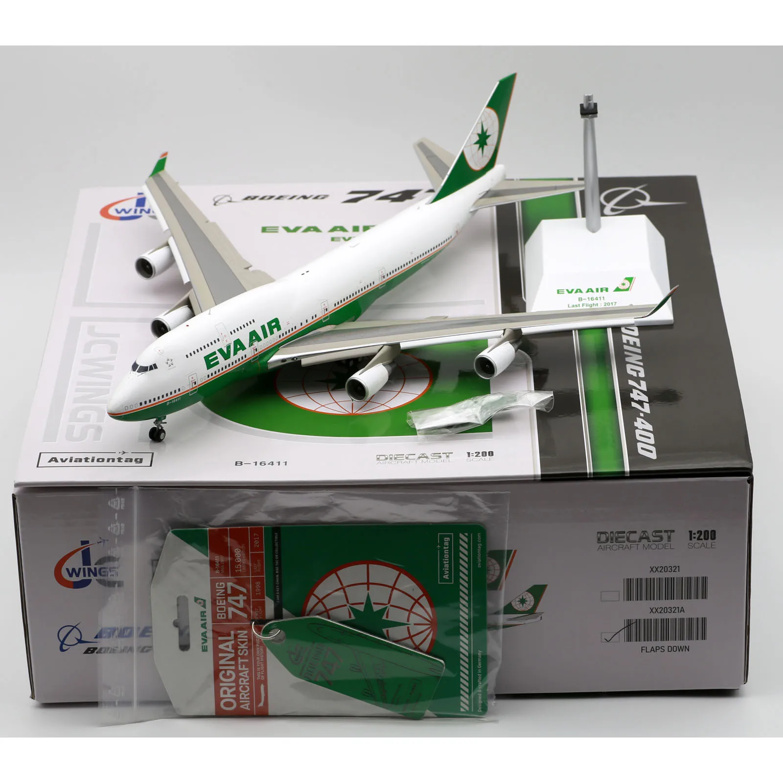 

XX20321A Alloy Collectible Plane Gift JC Wings 1:200 EVA Air Boeing 747-400 Diecast Aircraft Model B-16411 Flap Down Aviationtag