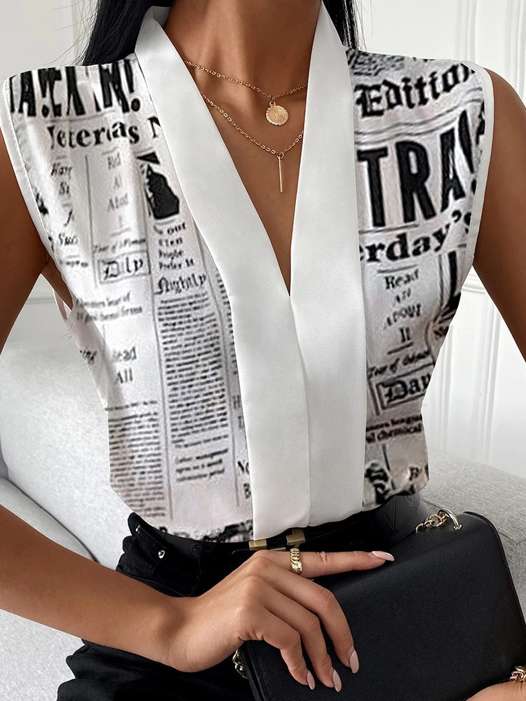 

Office Elegant Blouses Women Tops Fashion Newspaper Print V-neck Sleeveless Casual Female Blouse & Shirts 2024 Summer New