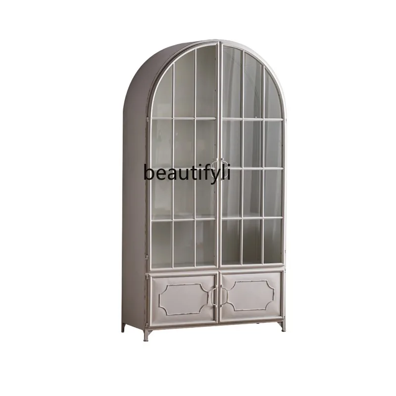 

French White Wrought Iron Vintage Wine Cabinet Living Room Wall Storage Locker Decoration Glass Door Display Cabinet