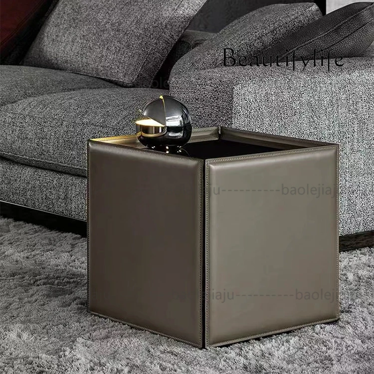 

Italian Minimalist Square Saddle Leather Living Room Side Table High-End Hard Leather Marble Top Coffee Table