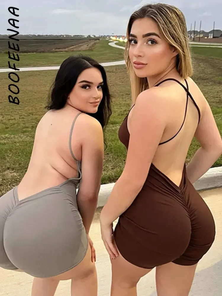 

Сексуальный комбинезон BOOFEENAA для активного отдыха, повседневный комбинезон с открытой спиной и лямкой на шее, женская летняя одежда, черный комбинезон, шорты, женская одежда