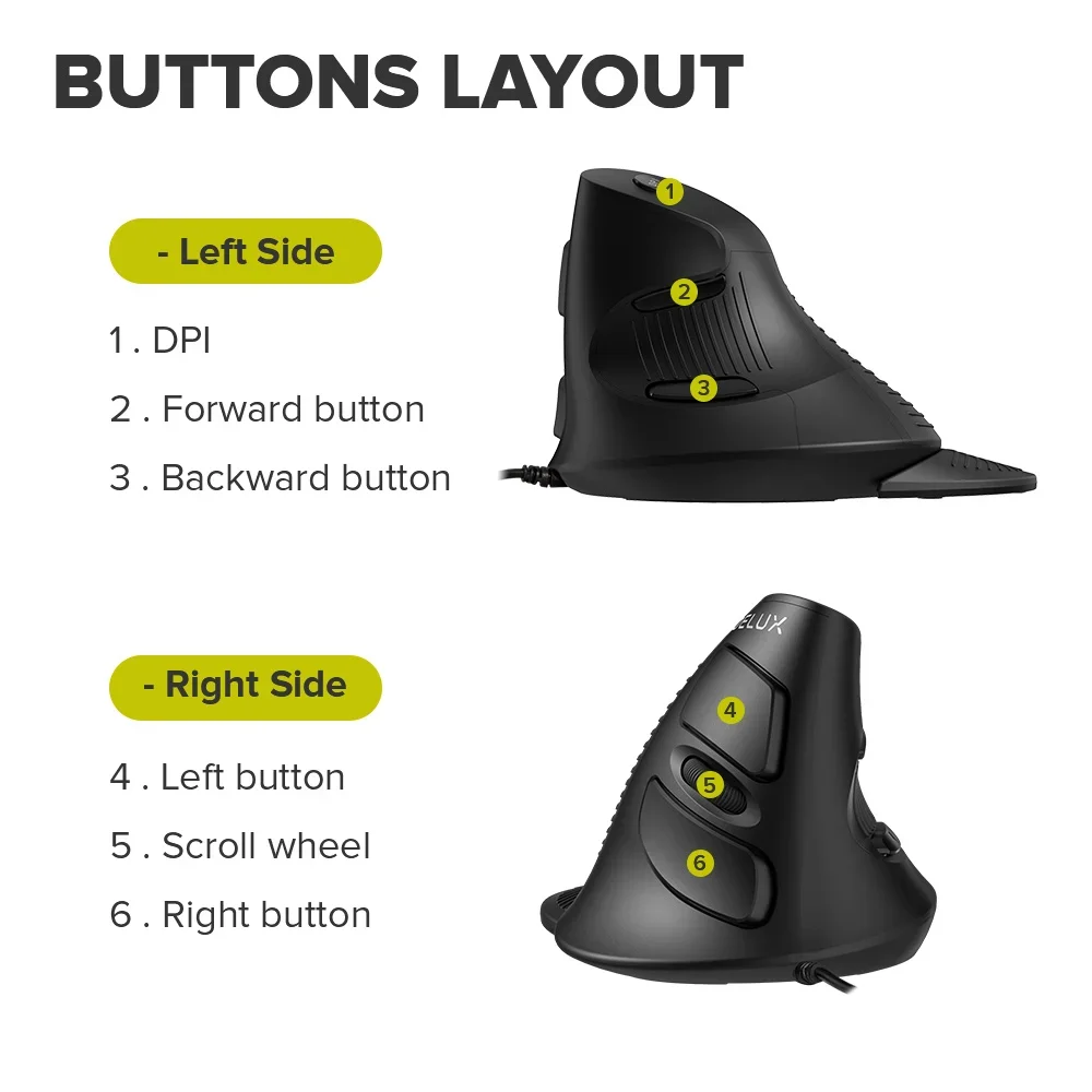 Ergonômico Vertical Office Mouse Clique Silencioso Ratos da Mão Direita com Remoção Palm Wrist pc Laptop Computador 4000dpi Delux-m618xu - Imagem 5