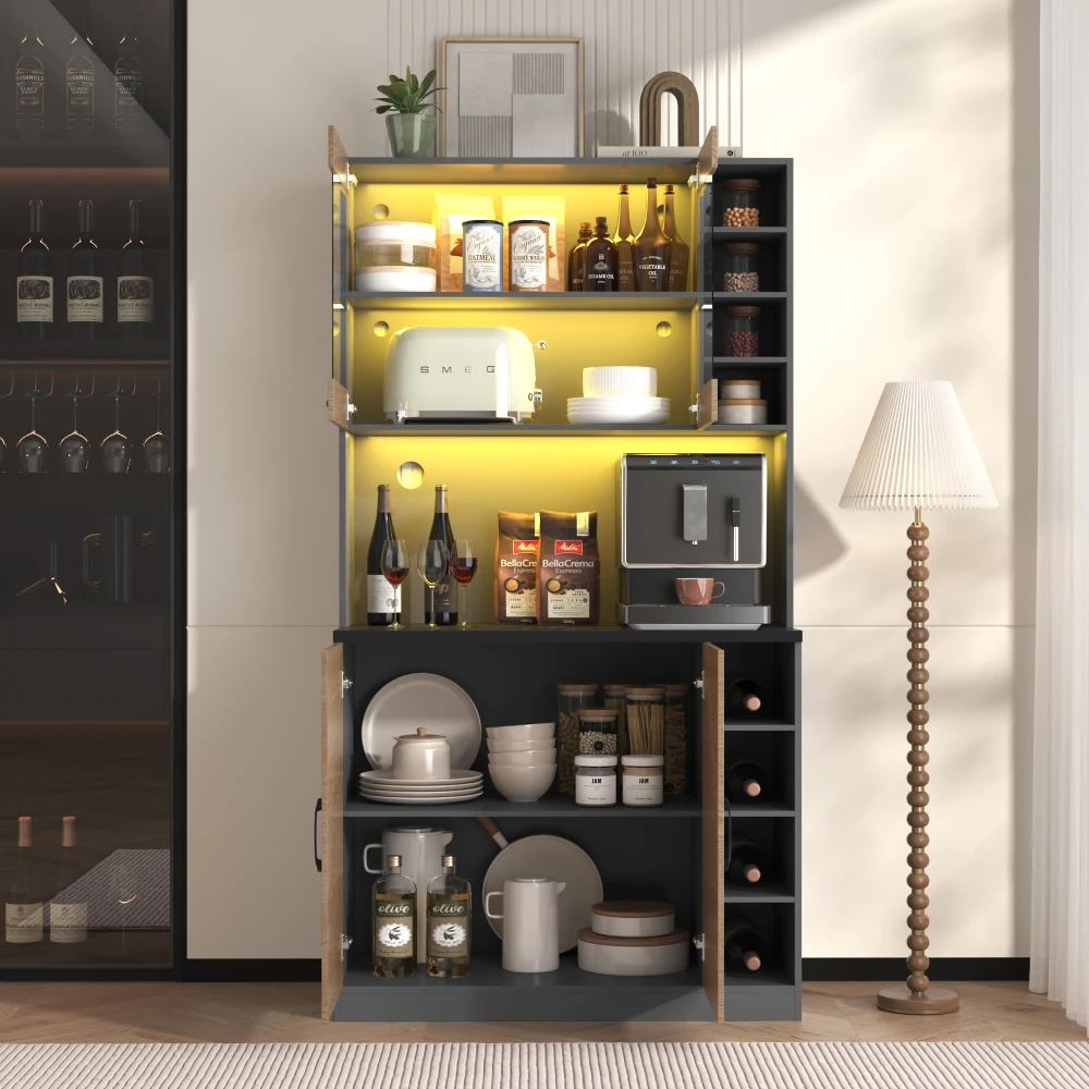 Küchenbuffetschrank mit LED-Leuchten | Freistehendes Highboard aus Holz | Großer Mikrowellenraum und verstellbarer Stauraum | Kabellöcher. – Detail 8