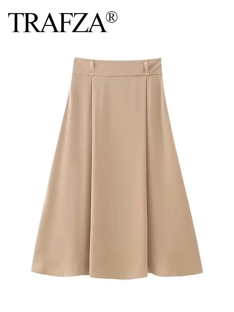 

TRAFZA Autumn High Waist Fashion Zipper Women's Beige Pleated Midi Skirt with Belt Cape Skirt Office Ladies Suit Skirt Y2K